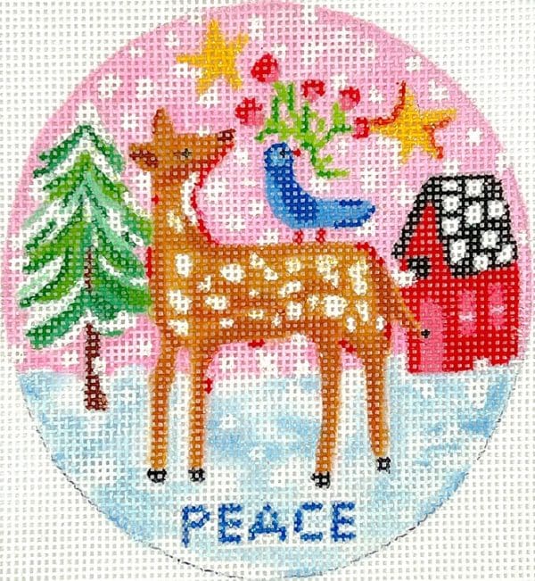 "Peace" Deer, Bird, and Red House with Sky - 4" x 5.75" - 18 Mesh