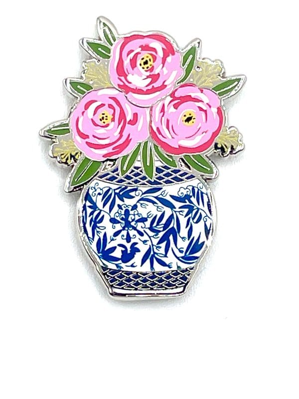 Pink Flowers in Blue Vase- 1 1/8" x 1 5/8"